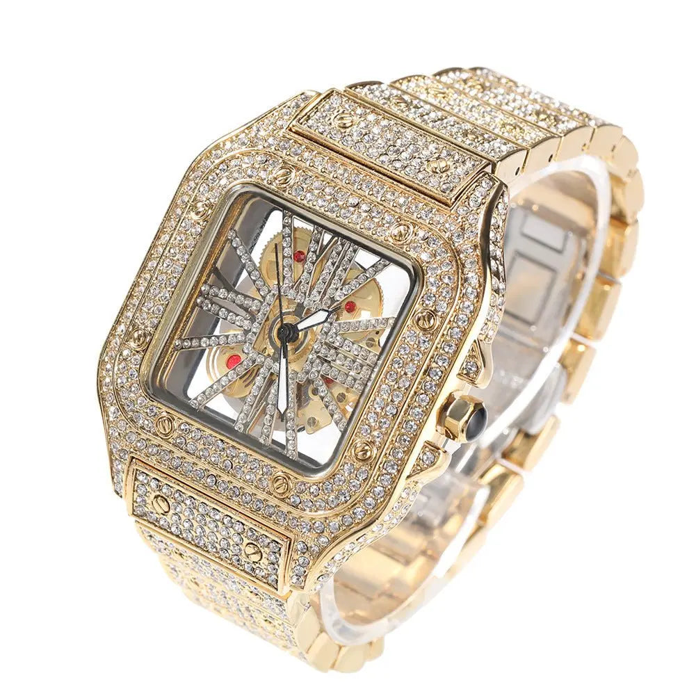 Hip-hop diamond-encrusted hollowed-out square watch - Blade & Thread
