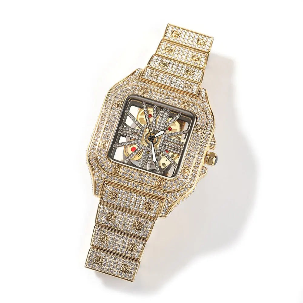 Hip-hop diamond-encrusted hollowed-out square watch - Blade & Thread