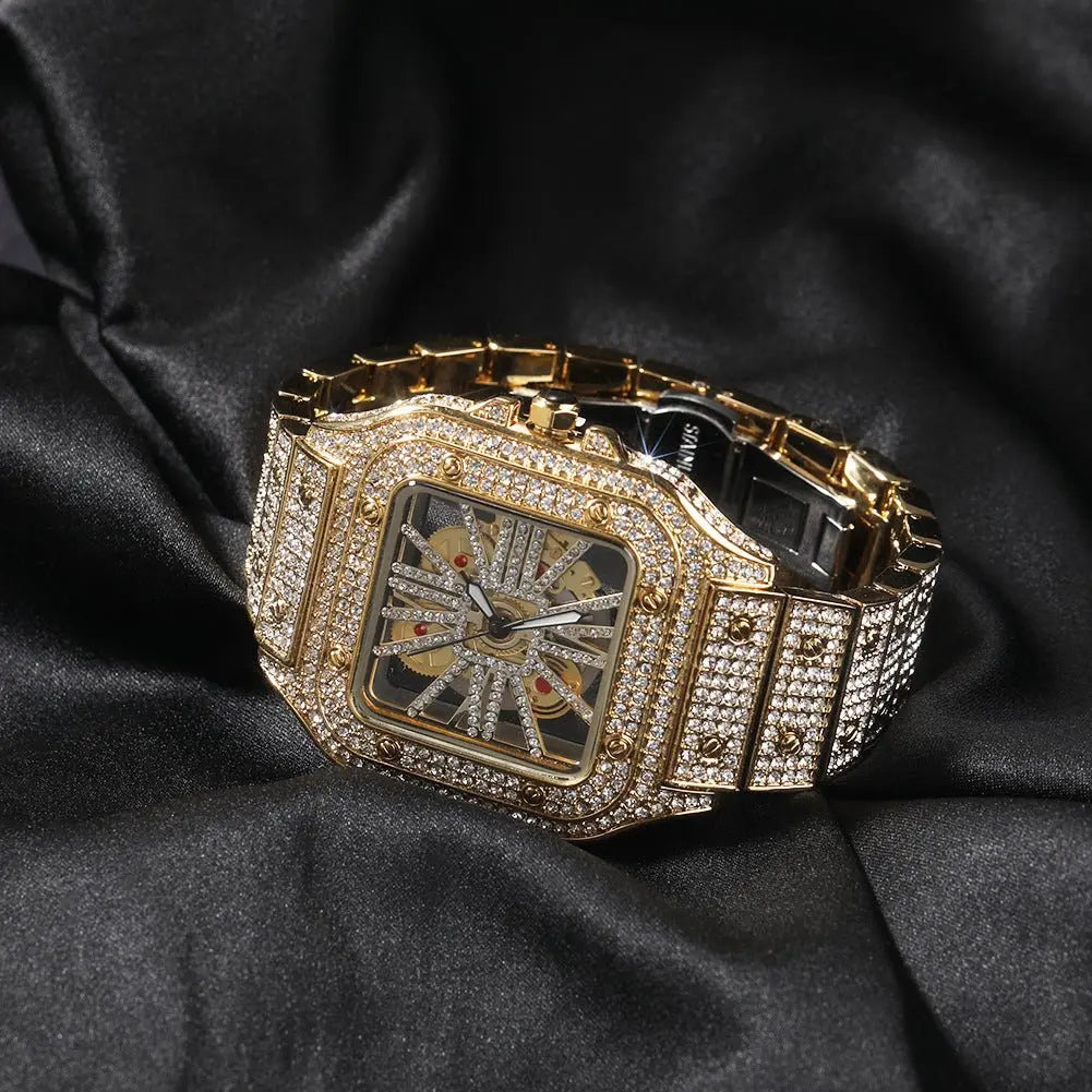 Hip-hop diamond-encrusted hollowed-out square watch nowadaysfashion