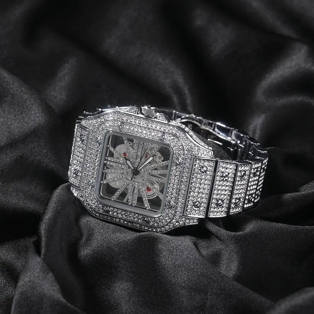 Hip-hop diamond-encrusted hollowed-out square watch - Blade & Thread