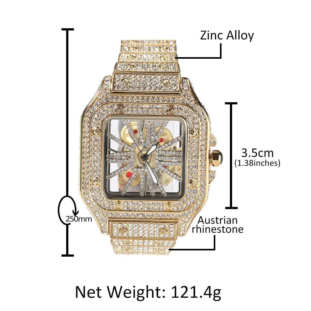 Hip-hop diamond-encrusted hollowed-out square watch - Blade & Thread