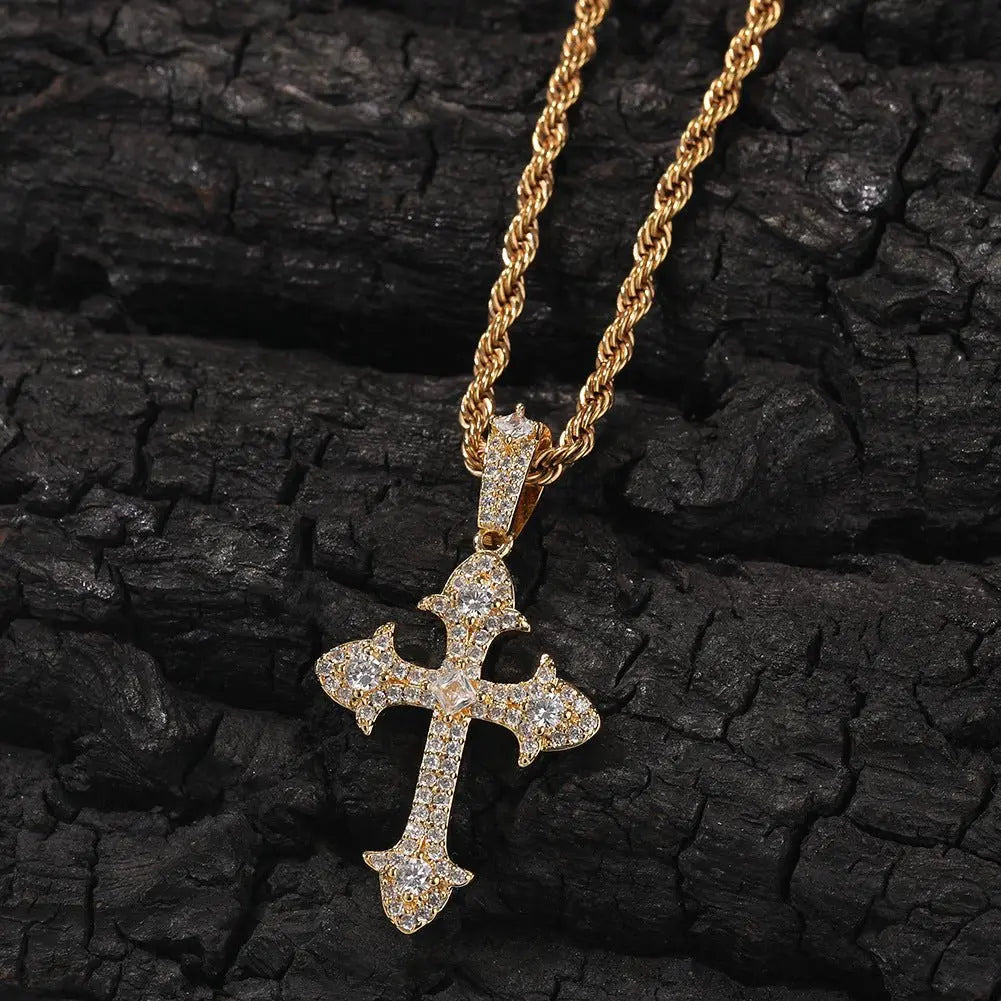 Hip-Hop Diamond-Encrusted Zircon Cross Necklace - Blade & Thread
