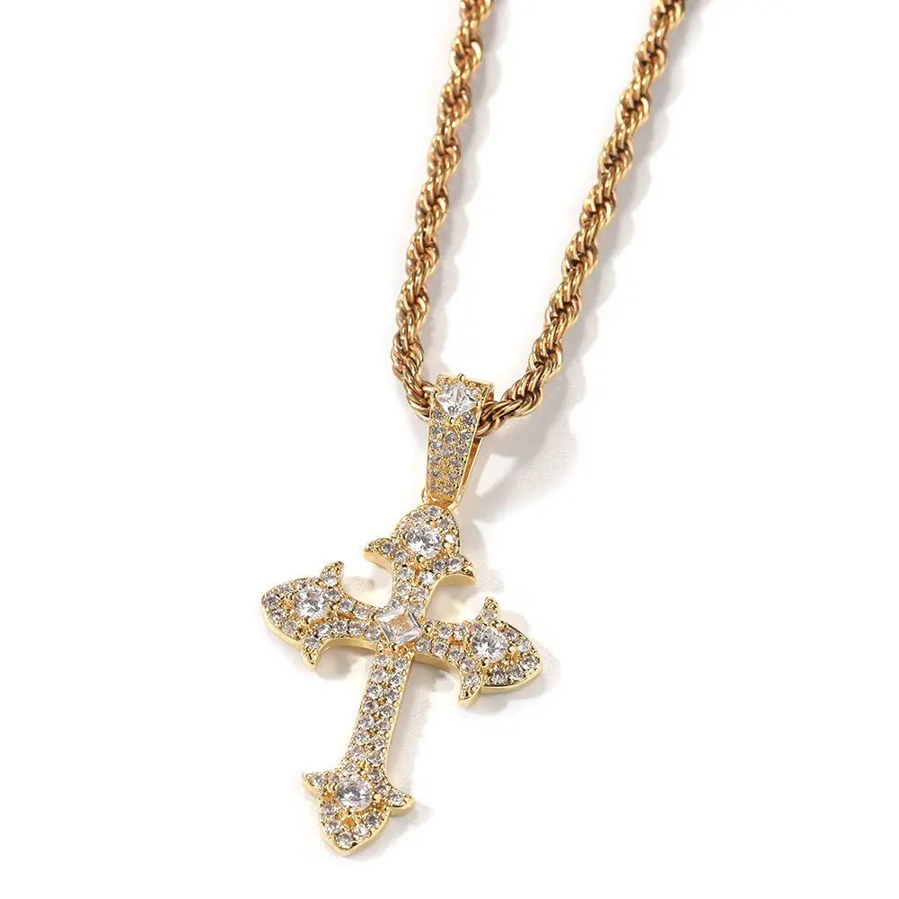 Hip-Hop Diamond-Encrusted Zircon Cross Necklace - Blade & Thread