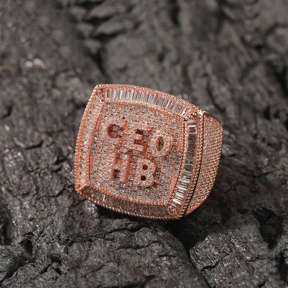 Hip-hop diamond-encrusted zircon DIY letter square ring - Blade & Thread