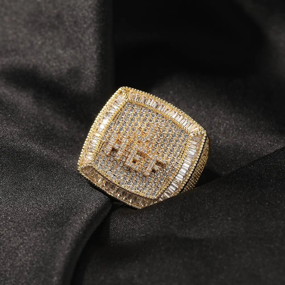 Hip-hop diamond-encrusted zircon DIY letter square ring - Blade & Thread