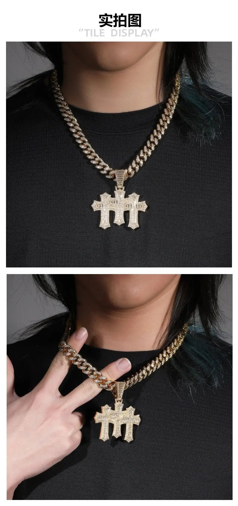 Hip-hop diamond-encrusted zircon three-cross Cuban necklace - Blade & Thread