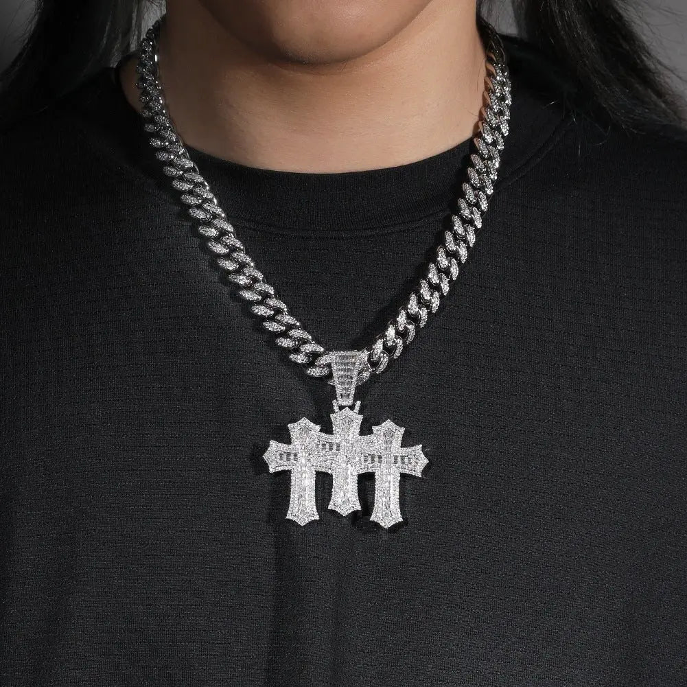 Hip-hop diamond-encrusted zircon three-cross Cuban necklace - Blade & Thread