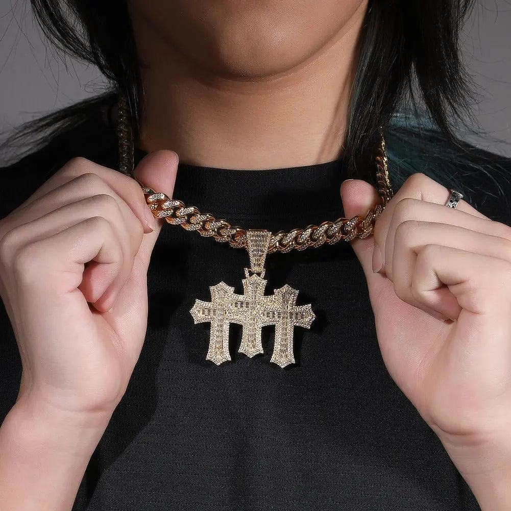 Hip-hop diamond-encrusted zircon three-cross Cuban necklace - Blade & Thread