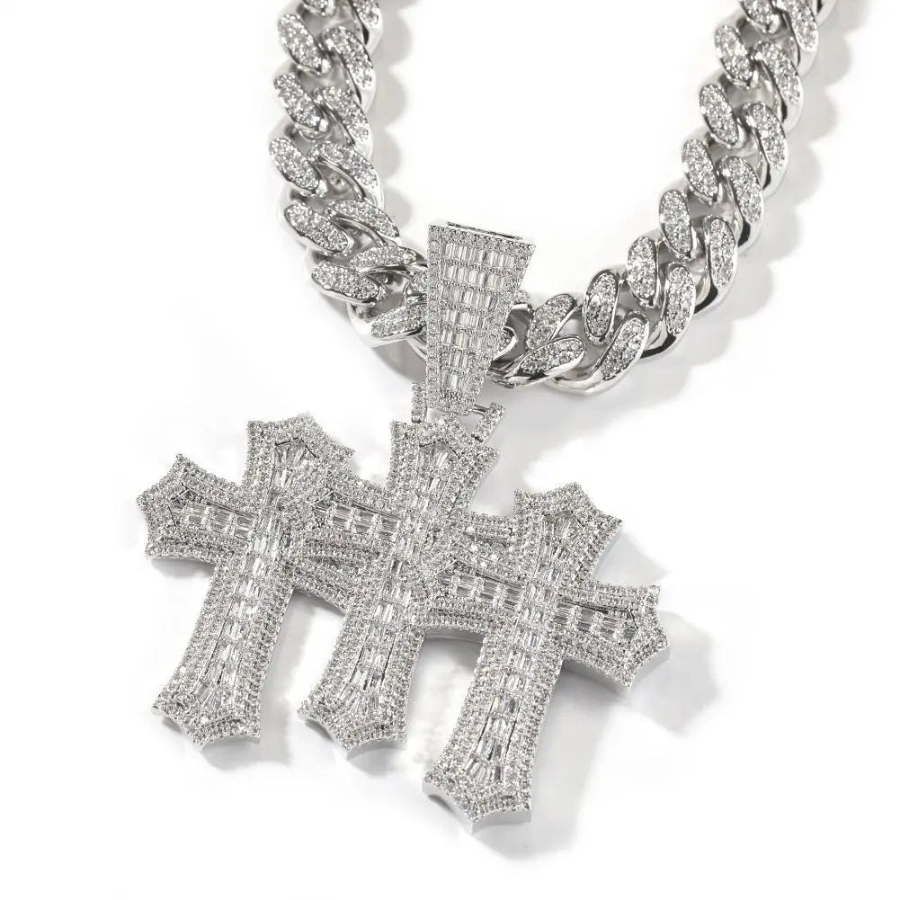 Hip-hop diamond-encrusted zircon three-cross Cuban necklace - Blade & Thread