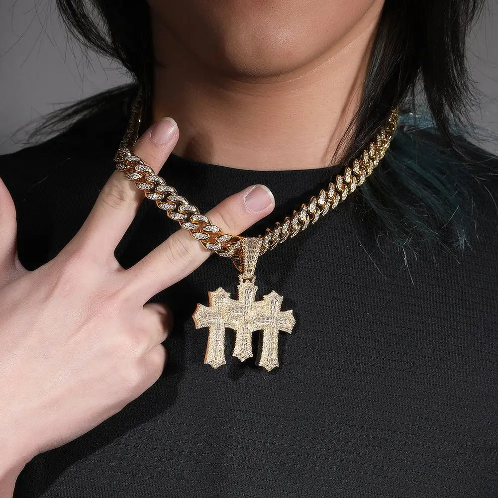 Hip-hop diamond-encrusted zircon three-cross Cuban necklace - Blade & Thread