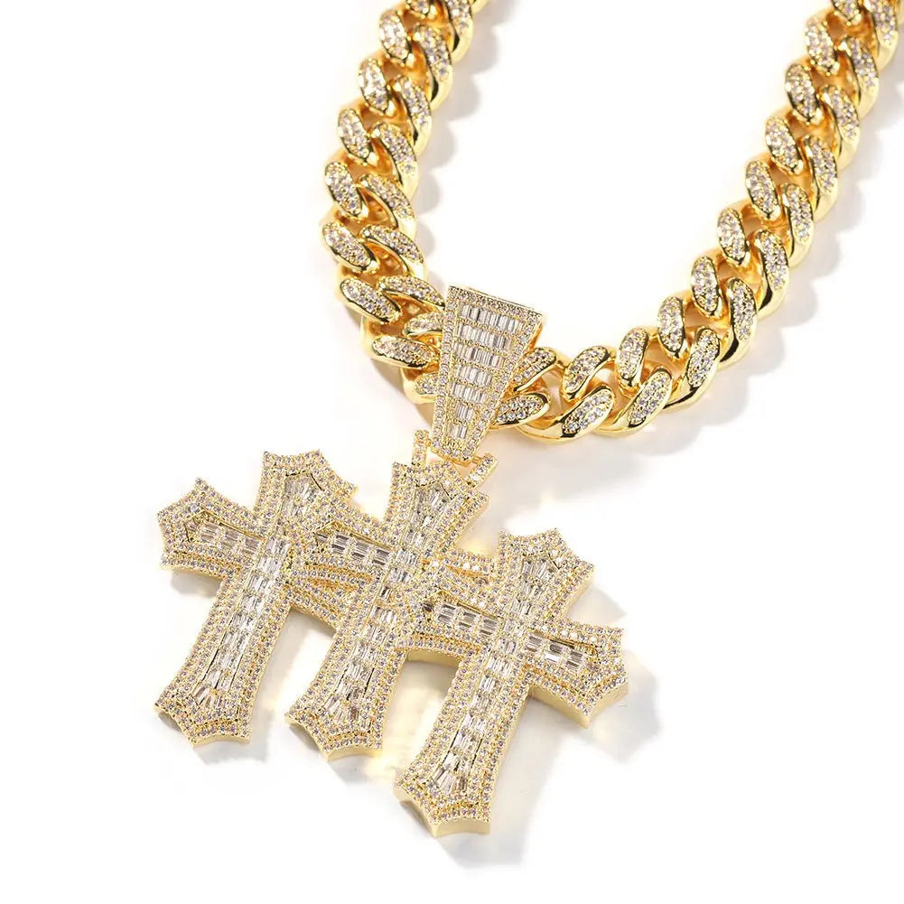 Hip-hop diamond-encrusted zircon three-cross Cuban necklace - Blade & Thread