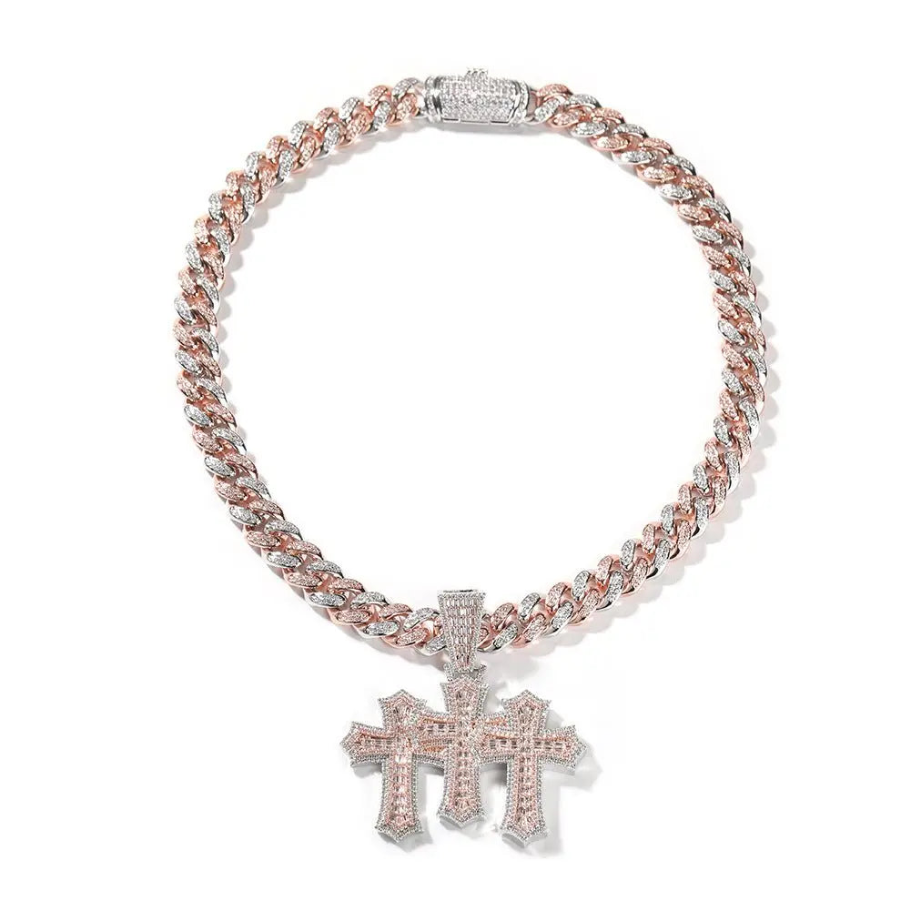 Hip-hop diamond-encrusted zircon three-cross Cuban necklace - Blade & Thread
