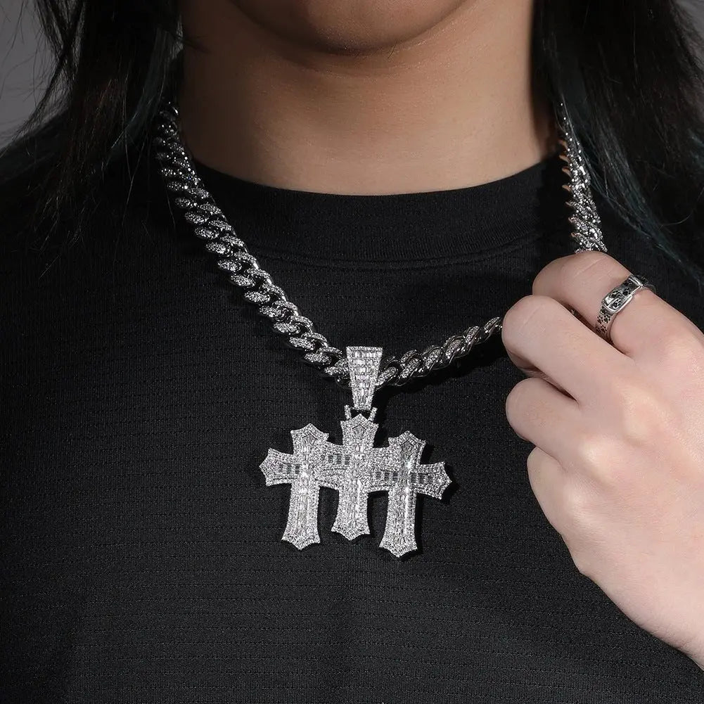 Hip-hop diamond-encrusted zircon three-cross Cuban necklace nowadaysfashion