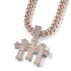 Hip-hop diamond-encrusted zircon three-cross Cuban necklace nowadaysfashion