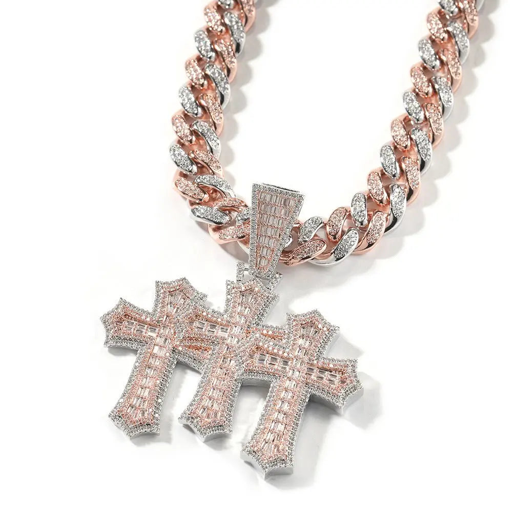 Hip-hop diamond-encrusted zircon three-cross Cuban necklace - Blade & Thread
