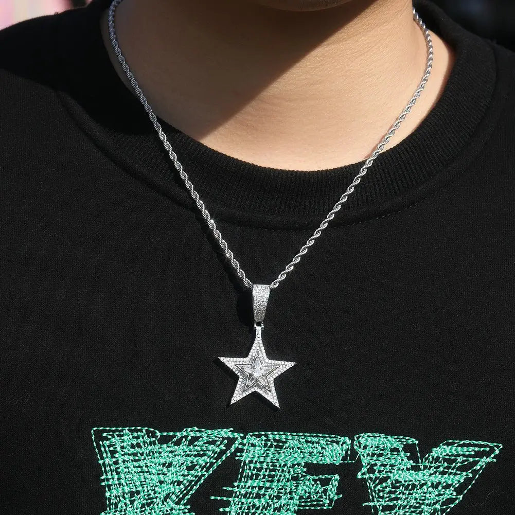 Hip-hop diamond-studded rotating five-pointed star necklace - Blade & Thread