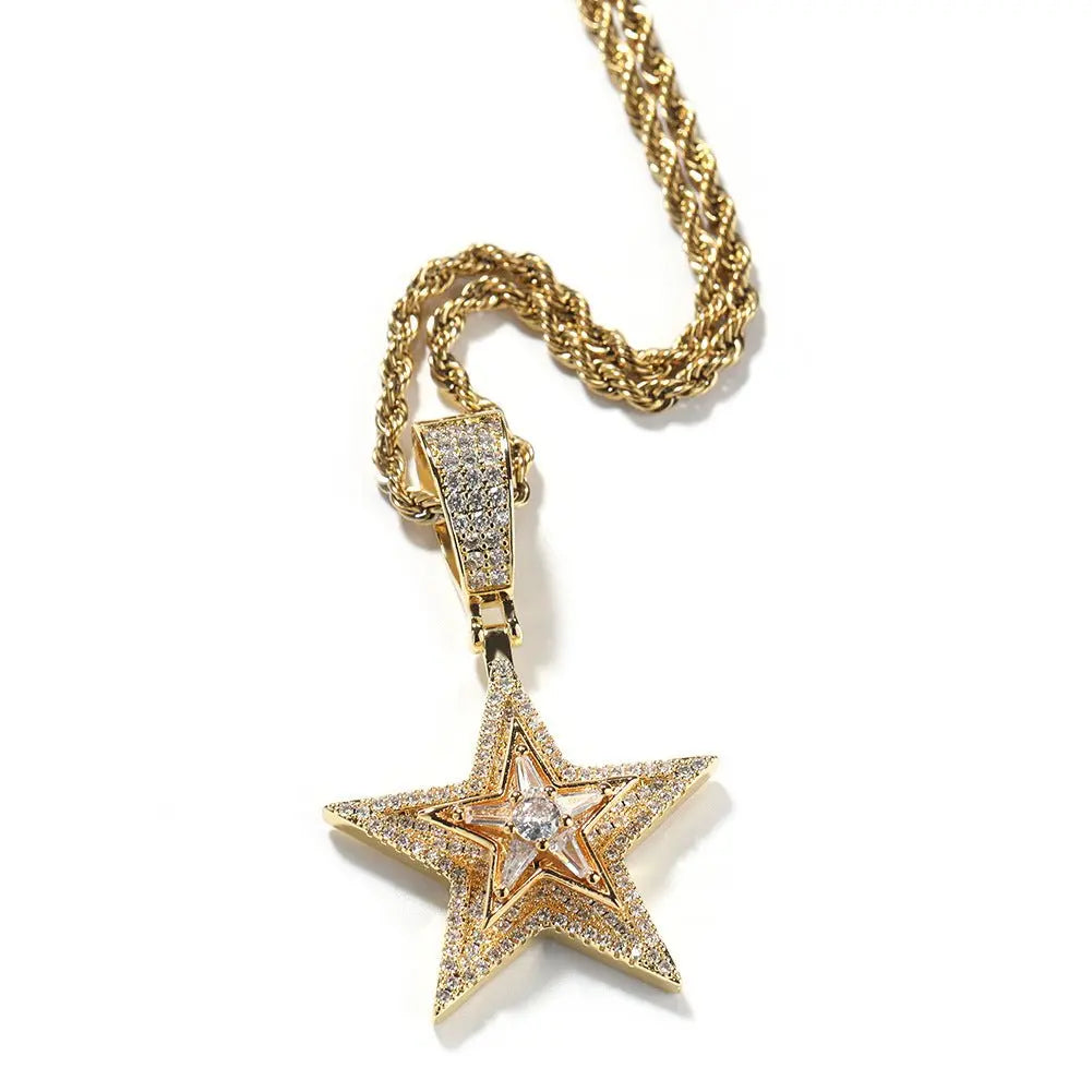 Hip-hop diamond-studded rotating five-pointed star necklace - Blade & Thread