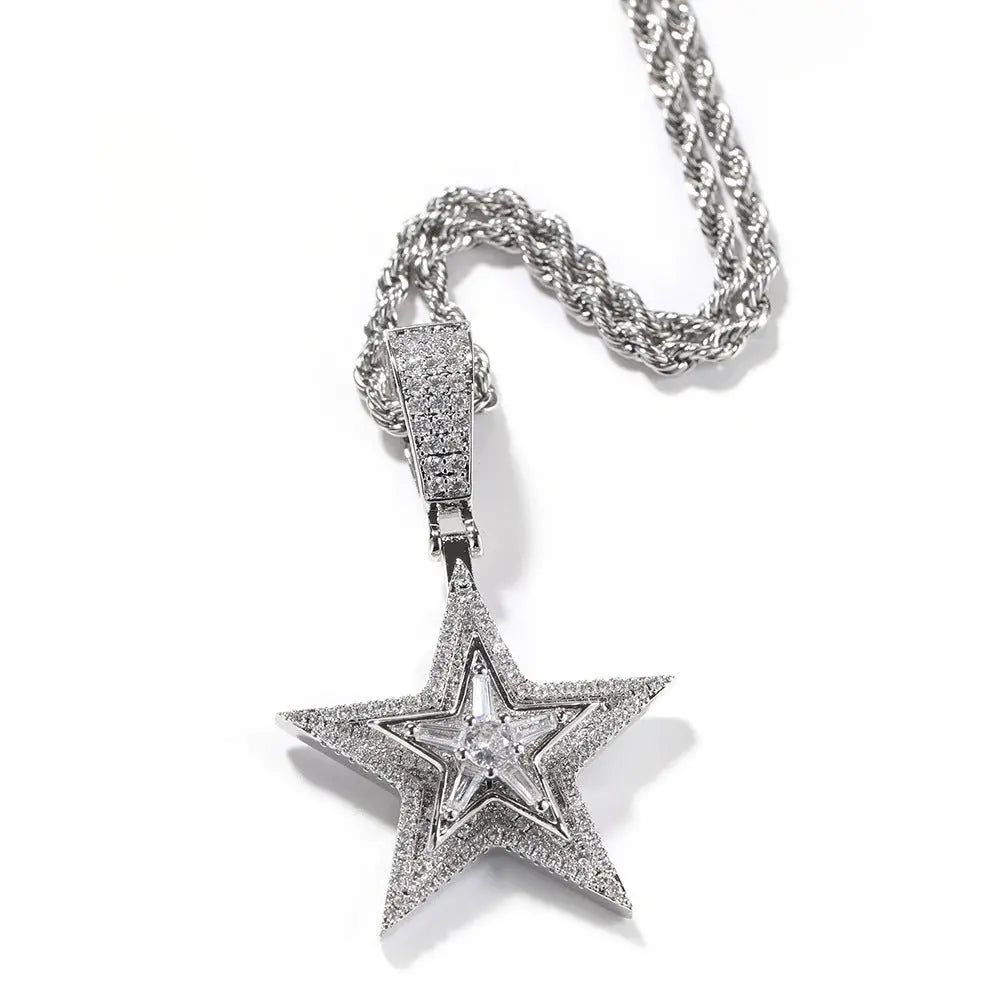 Hip-hop diamond-studded rotating five-pointed star necklace nowadaysfashion