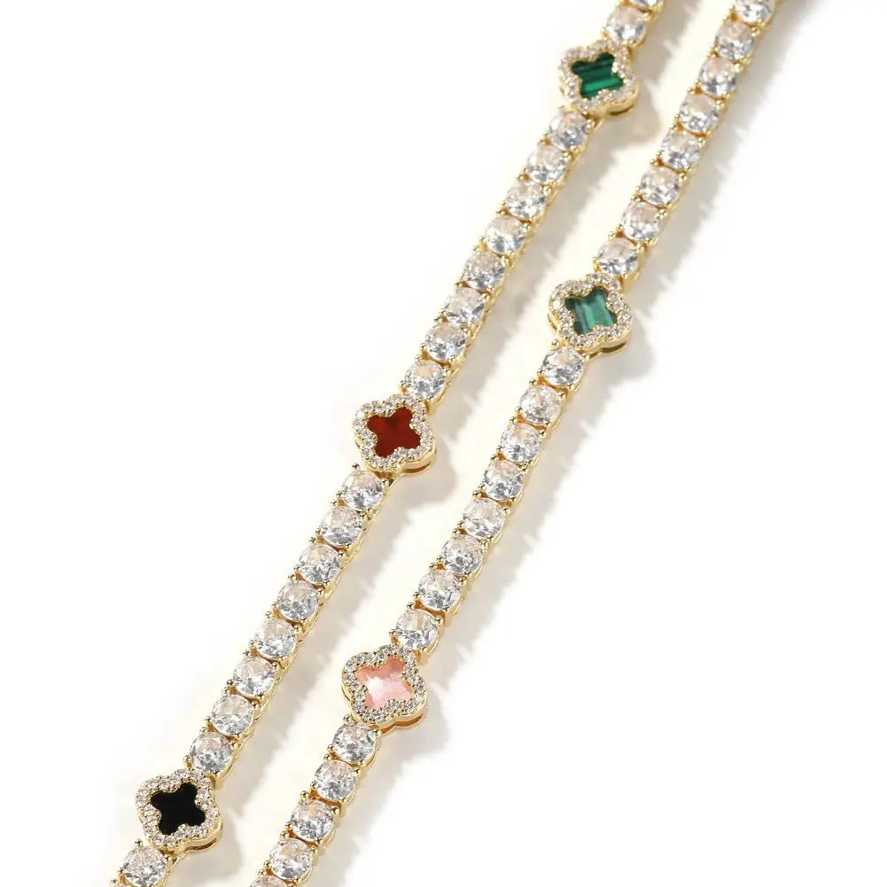 Hip-hop four-leaf clover diamond tennis chain necklace bracelet - Blade & Thread