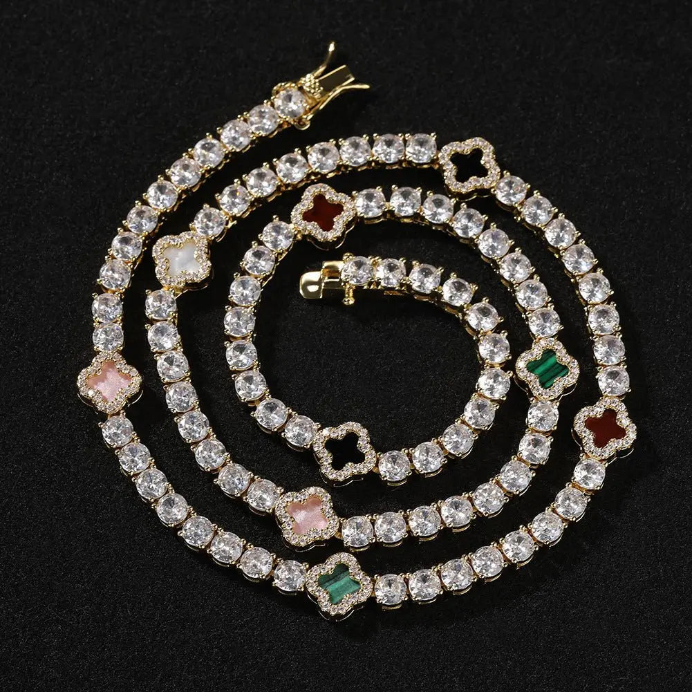 Hip-hop four-leaf clover diamond tennis chain necklace bracelet - Blade & Thread