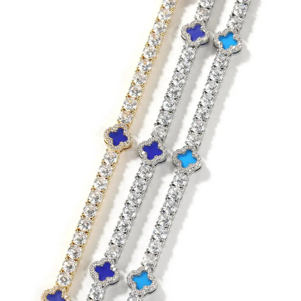 Hip-hop four-leaf clover diamond tennis chain necklace bracelet nowadaysfashion