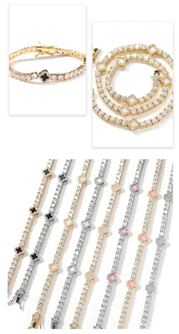 Hip-hop four-leaf clover diamond tennis chain necklace bracelet - Blade & Thread