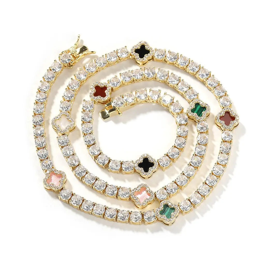 Hip-hop four-leaf clover diamond tennis chain necklace bracelet - Blade & Thread