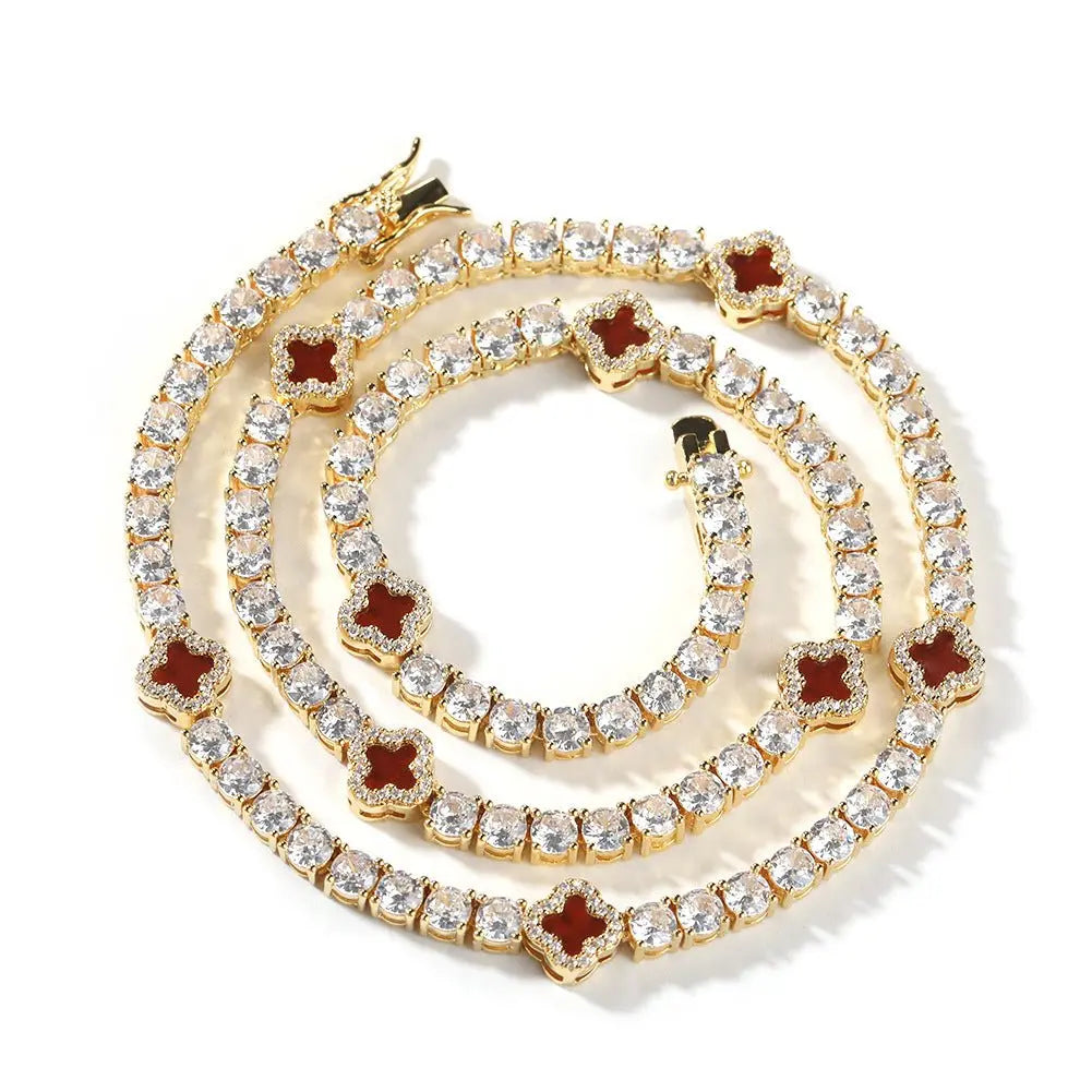 Hip-hop four-leaf clover diamond tennis chain necklace bracelet - Blade & Thread