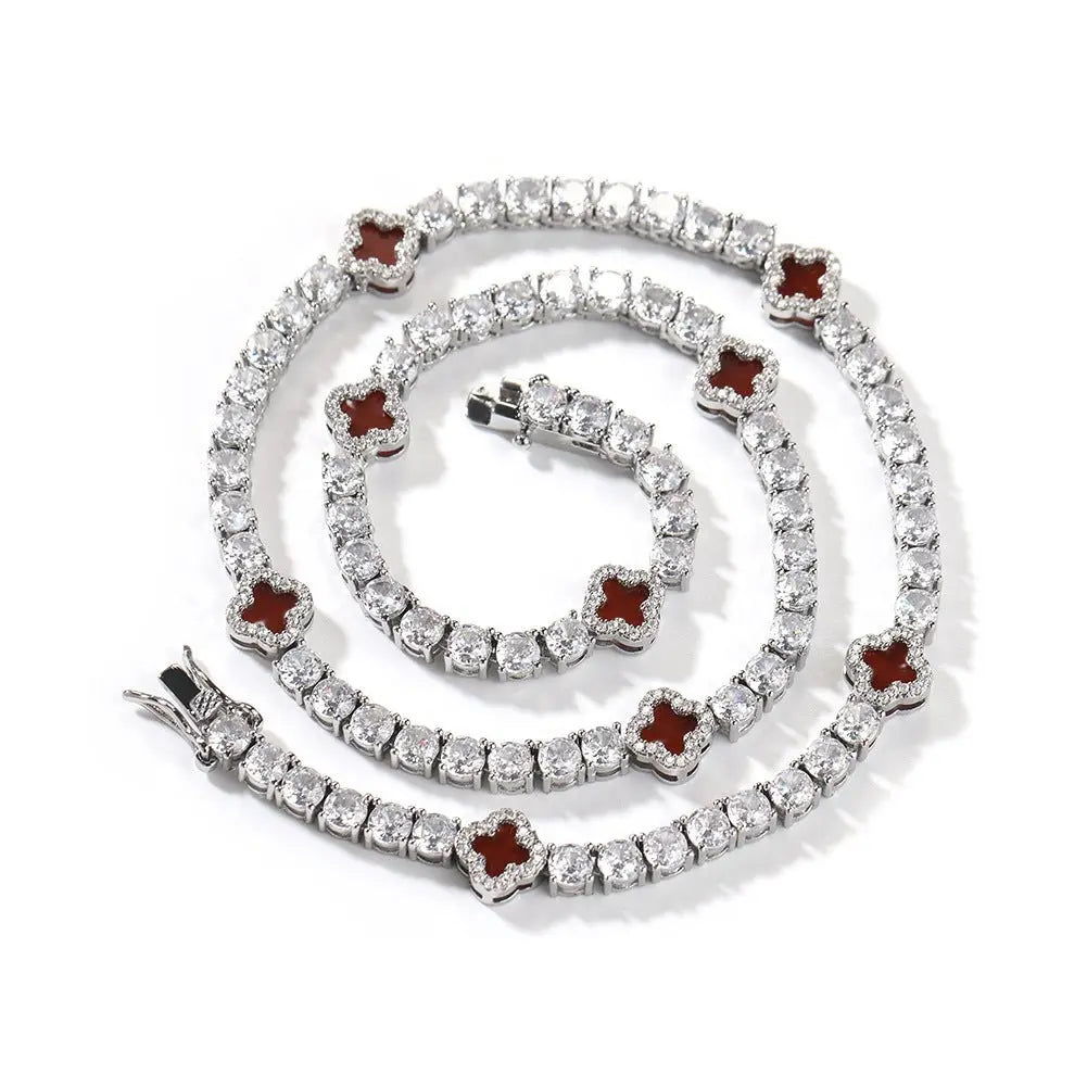 Hip-hop four-leaf clover diamond tennis chain necklace bracelet nowadaysfashion