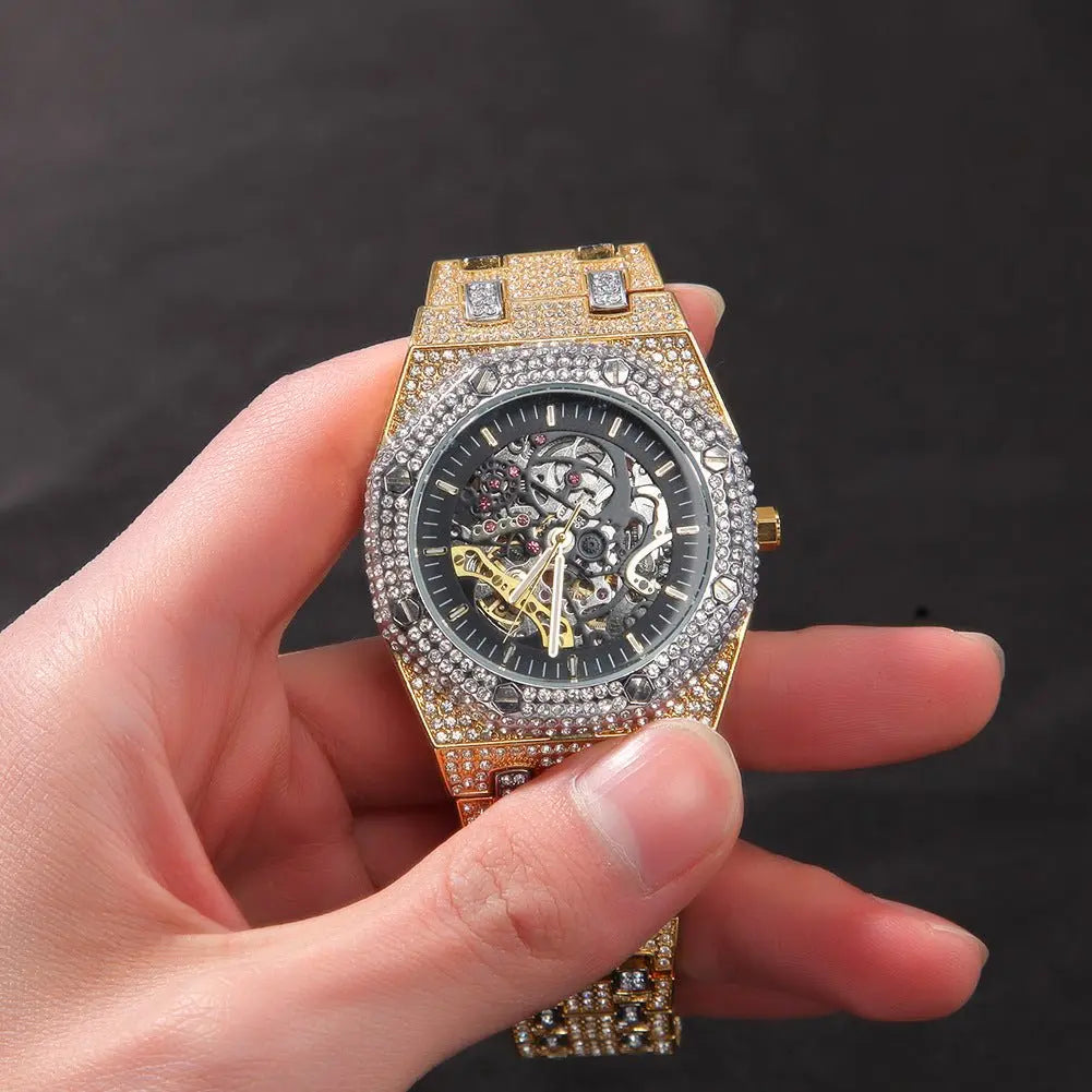 Hip Hop Full Diamond Hollow Case Mechanical Watch - Blade & Thread