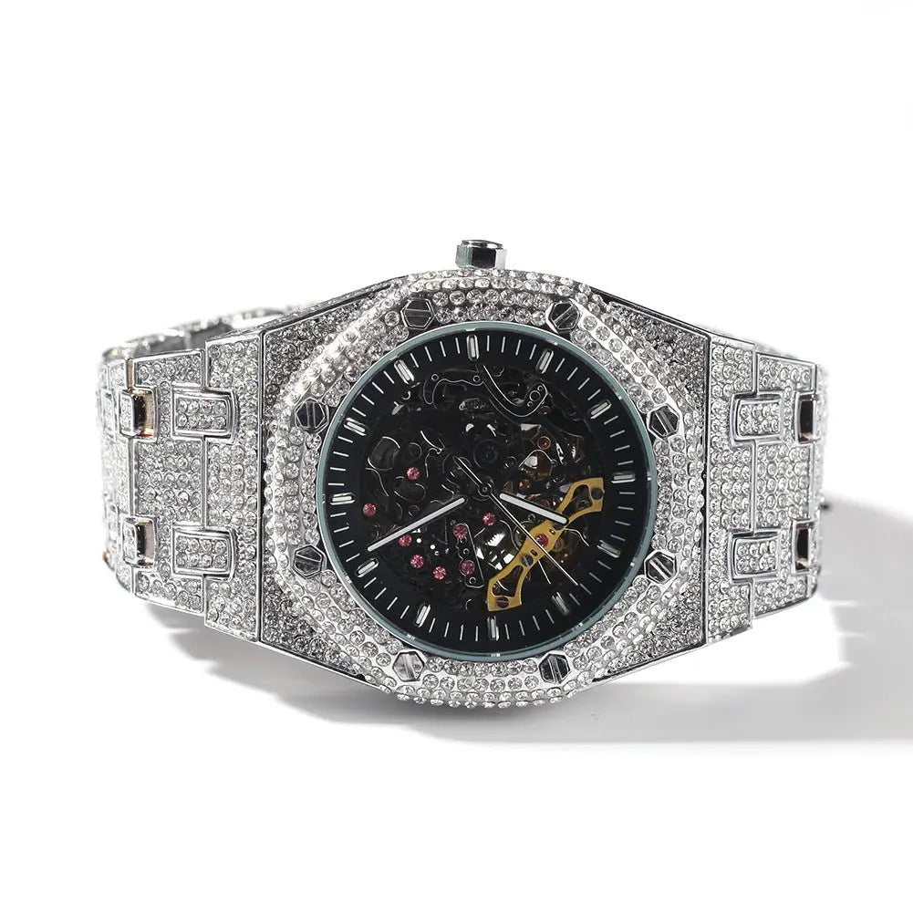 Hip Hop Full Diamond Hollow Case Mechanical Watch - Blade & Thread