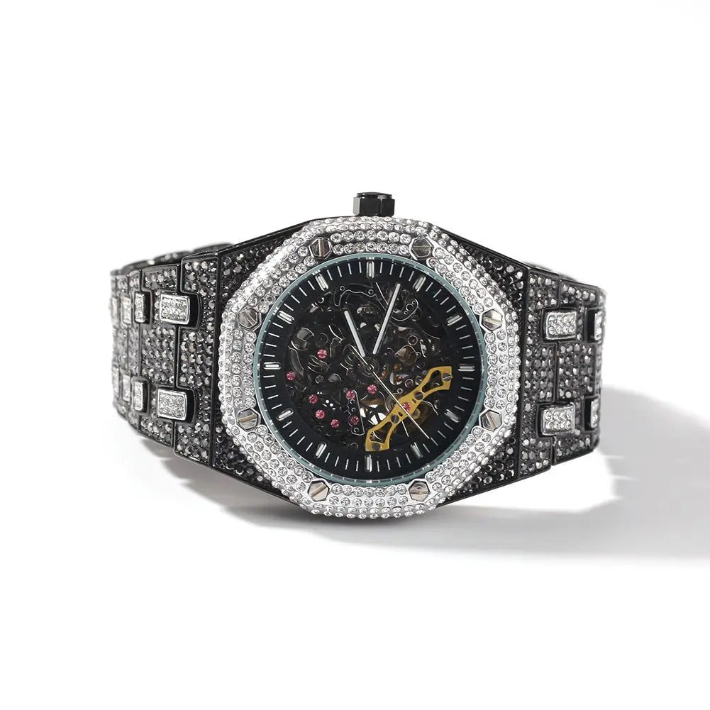 Hip Hop Full Diamond Hollow Case Mechanical Watch - Blade & Thread