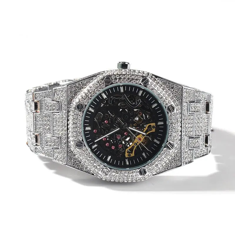 Hip Hop Full Diamond Hollow Case Mechanical Watch - Blade & Thread