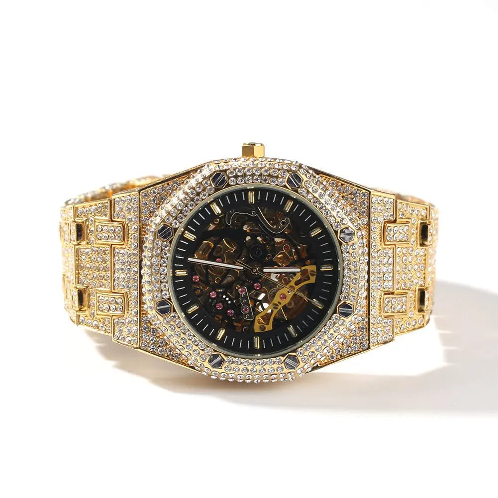 Hip Hop Full Diamond Hollow Case Mechanical Watch - Blade & Thread