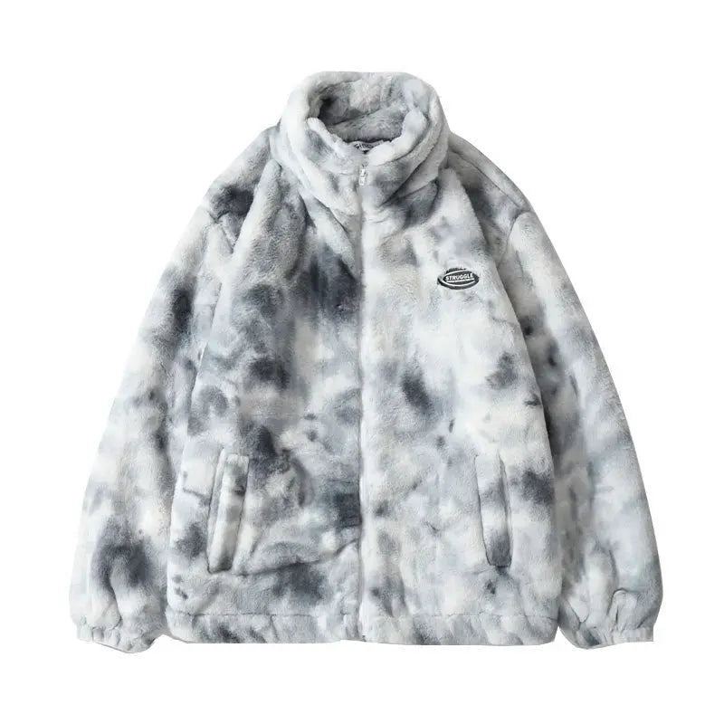 Hip Hop Jacket Streetwear Tie Dye Heart Fuzzy Jackets Warm Coats - Blade & Thread