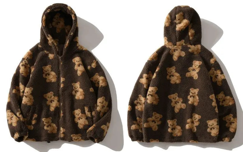 Hip Hop Men Women Fashion Bear Print Full Zip Hooded Coat Tops Outwear nowadaysfashion