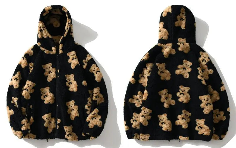 Hip Hop Men Women Fashion Bear Print Full Zip Hooded Coat Tops Outwear nowadaysfashion