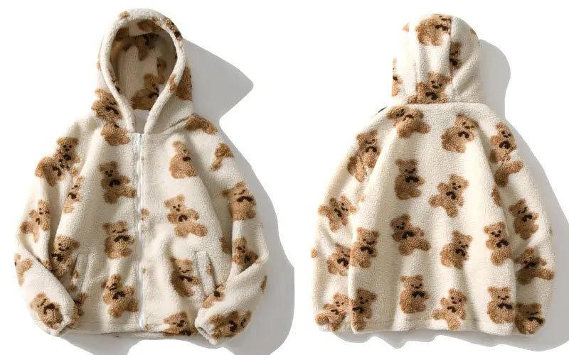 Hip Hop Men Women Fashion Bear Print Full Zip Hooded Coat Tops Outwear nowadaysfashion