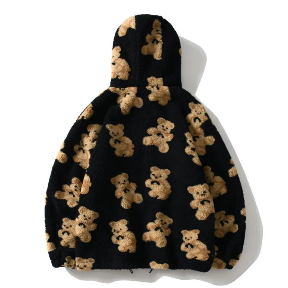 Hip Hop Men Women Fashion Bear Print Full Zip Hooded Coat Tops Outwear - Blade & Thread