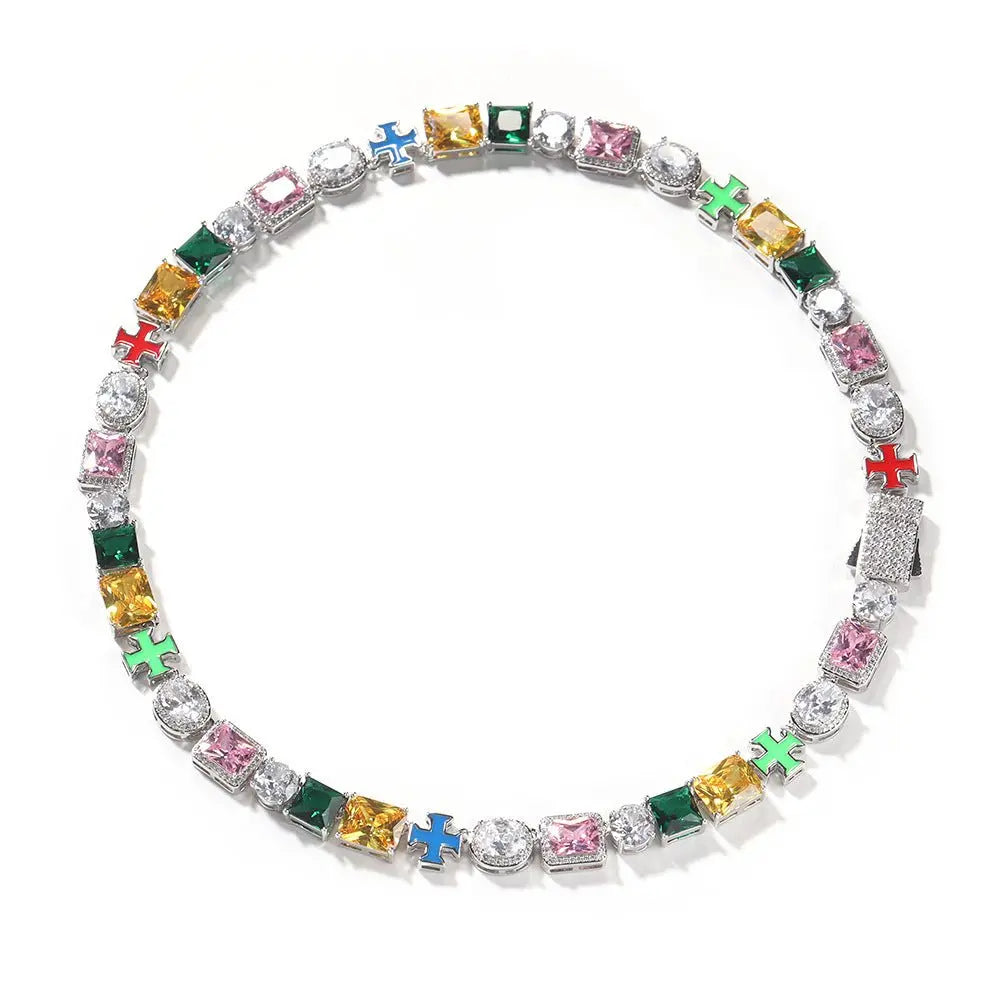 Hip-hop necklace with colorful zircon inlays and a square cross nowadaysfashion