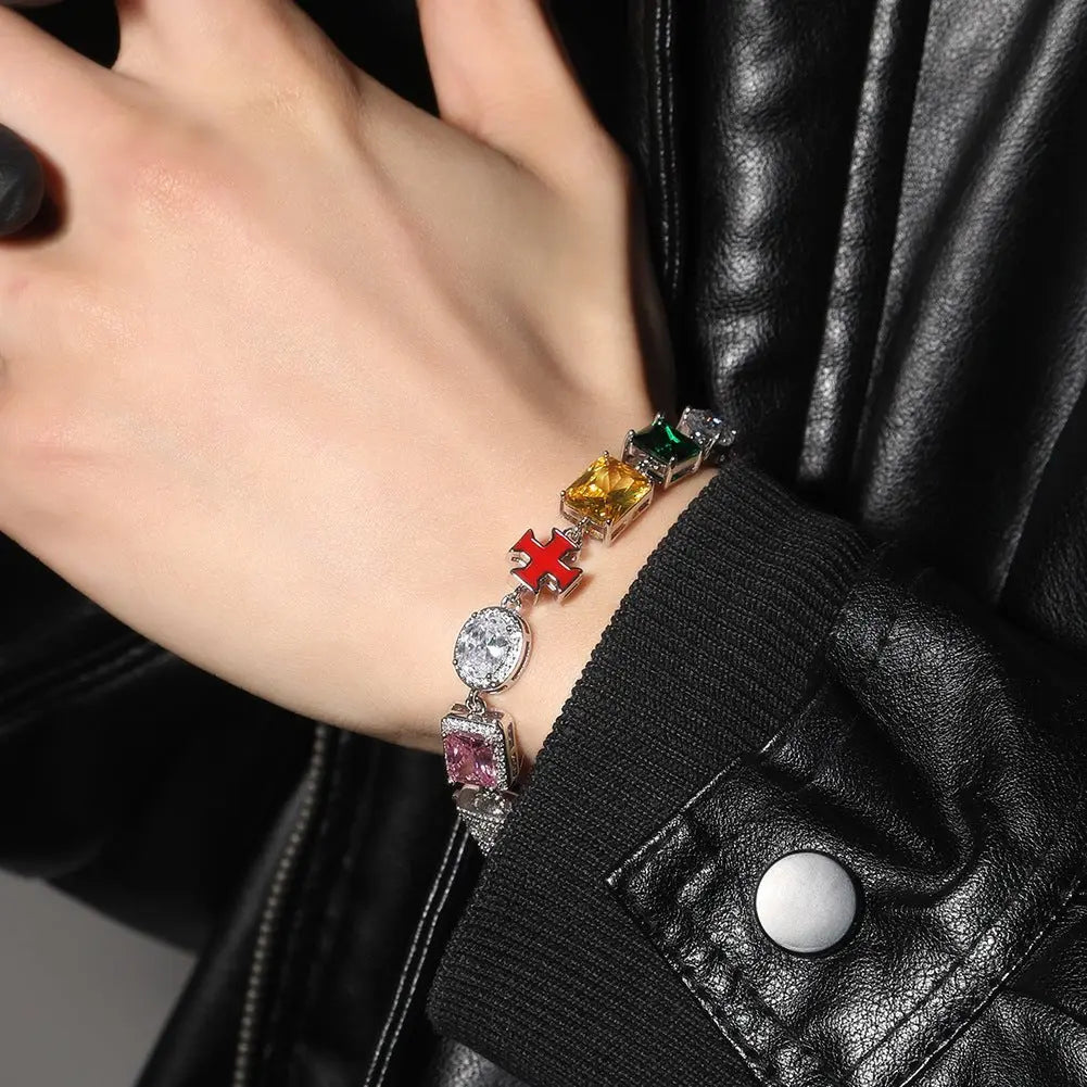 Hip-hop necklace with colorful zircon inlays and a square cross - Blade & Thread