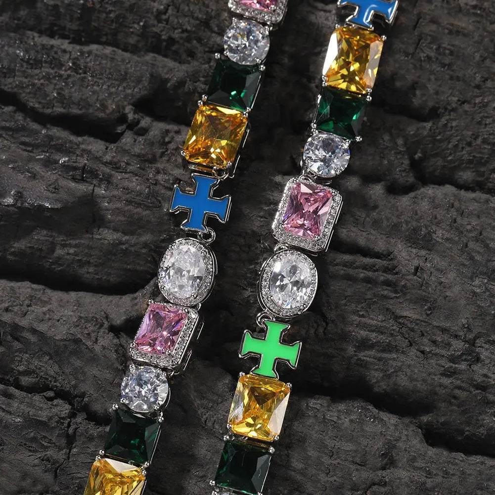 Hip-hop necklace with colorful zircon inlays and a square cross - Blade & Thread