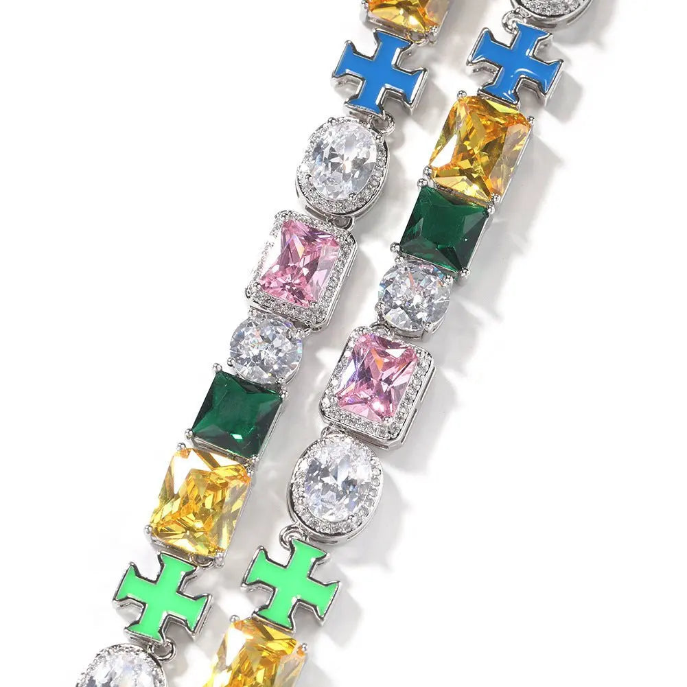 Hip-hop necklace with colorful zircon inlays and a square cross - Blade & Thread
