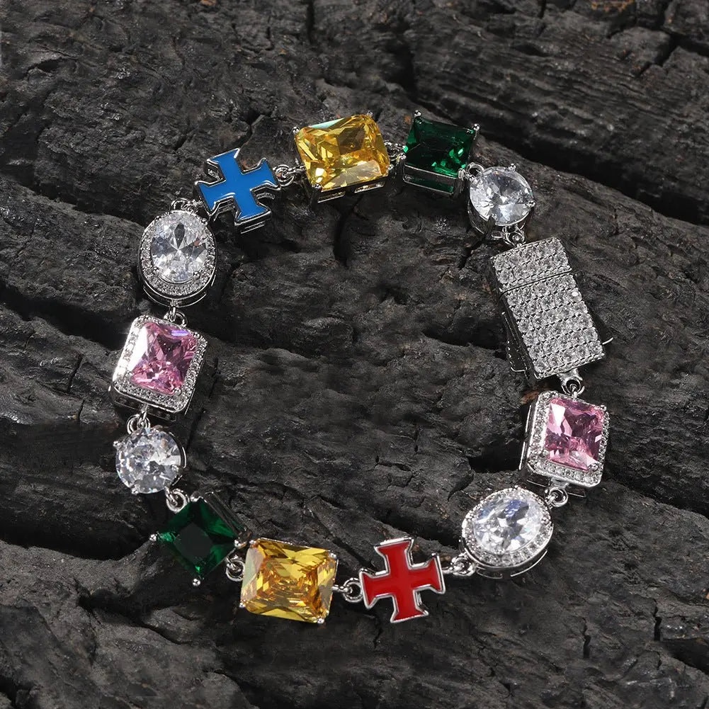 Hip-hop necklace with colorful zircon inlays and a square cross nowadaysfashion