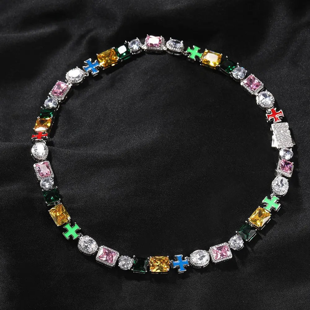 Hip-hop necklace with colorful zircon inlays and a square cross - Blade & Thread