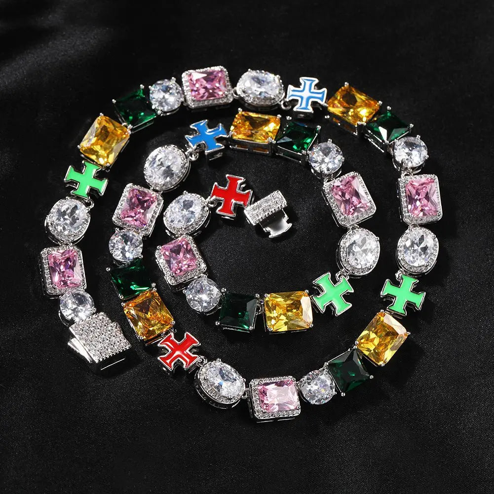 Hip-hop necklace with colorful zircon inlays and a square cross nowadaysfashion