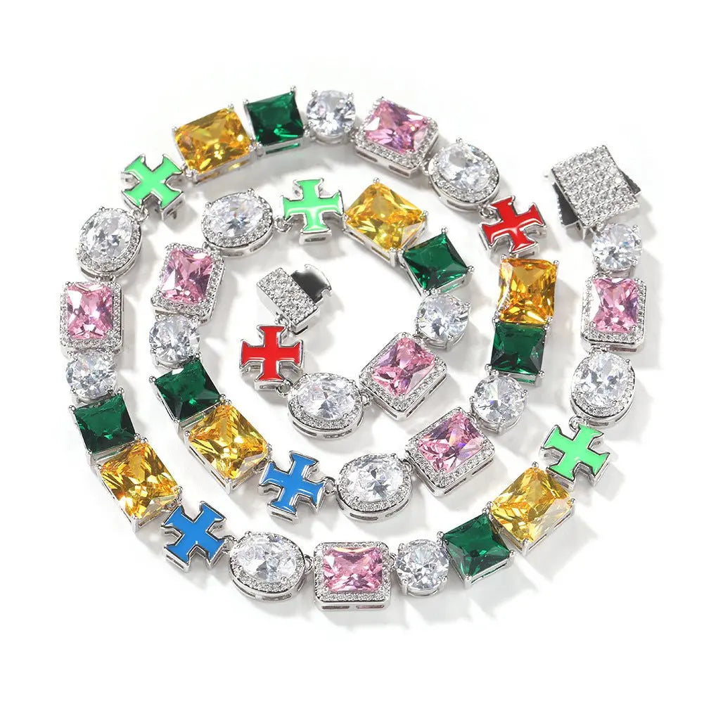 Hip-hop necklace with colorful zircon inlays and a square cross - Blade & Thread