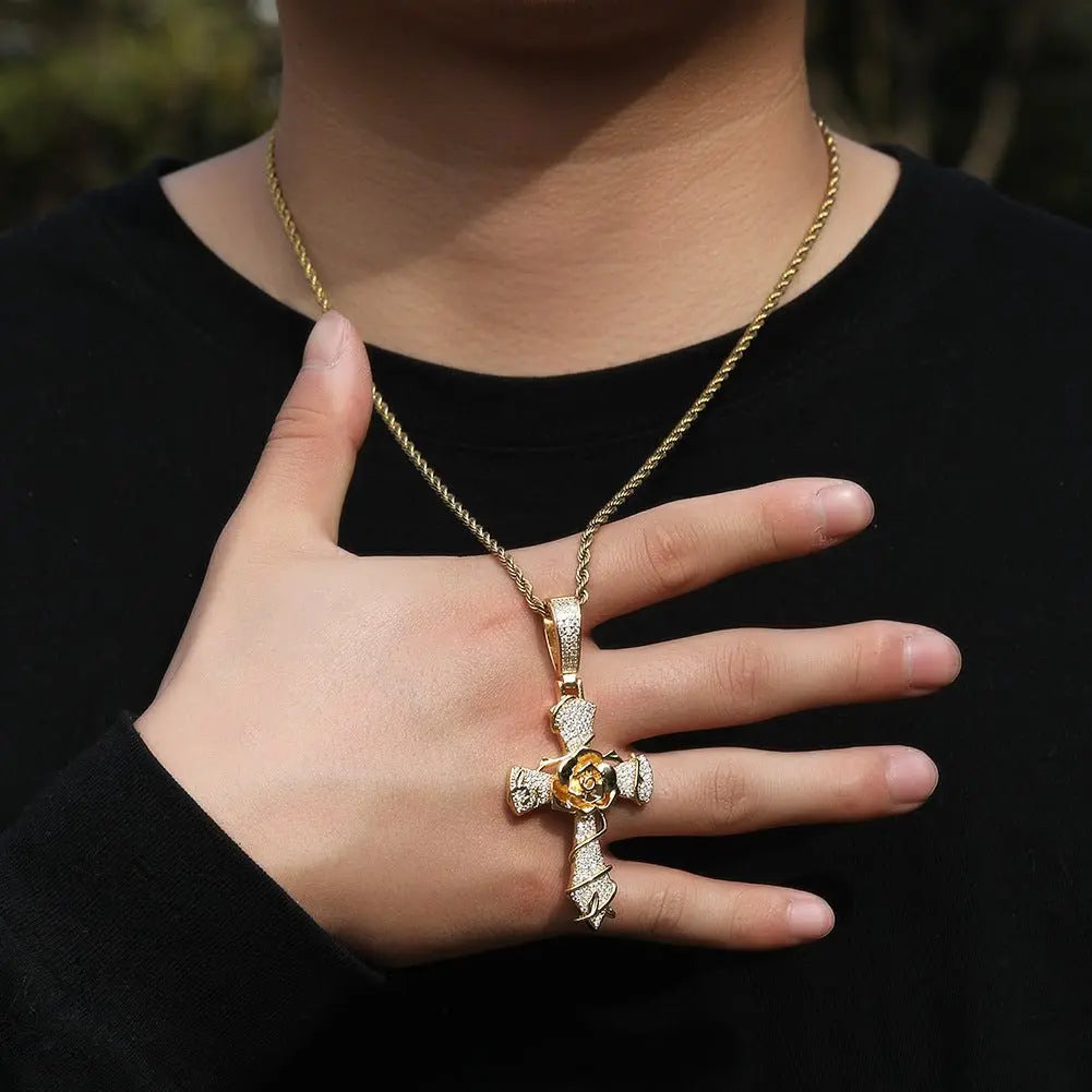 Hip-hop rose cross necklace with 5A zircon inlay - Blade & Thread