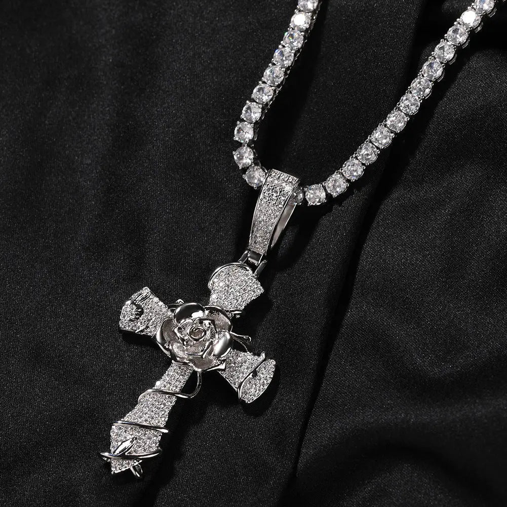 Hip-hop rose cross necklace with 5A zircon inlay - Blade & Thread