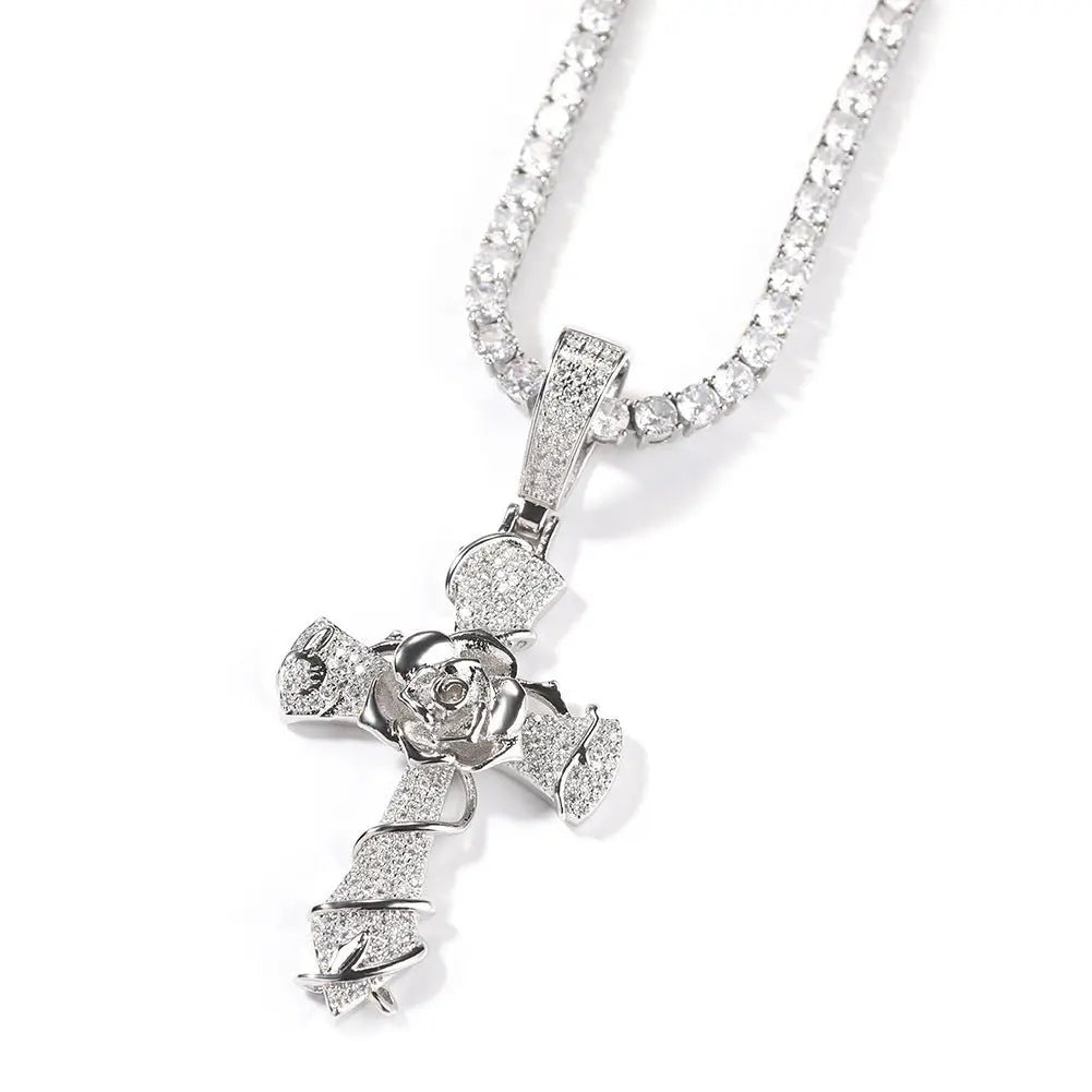 Hip-hop rose cross necklace with 5A zircon inlay - Blade & Thread